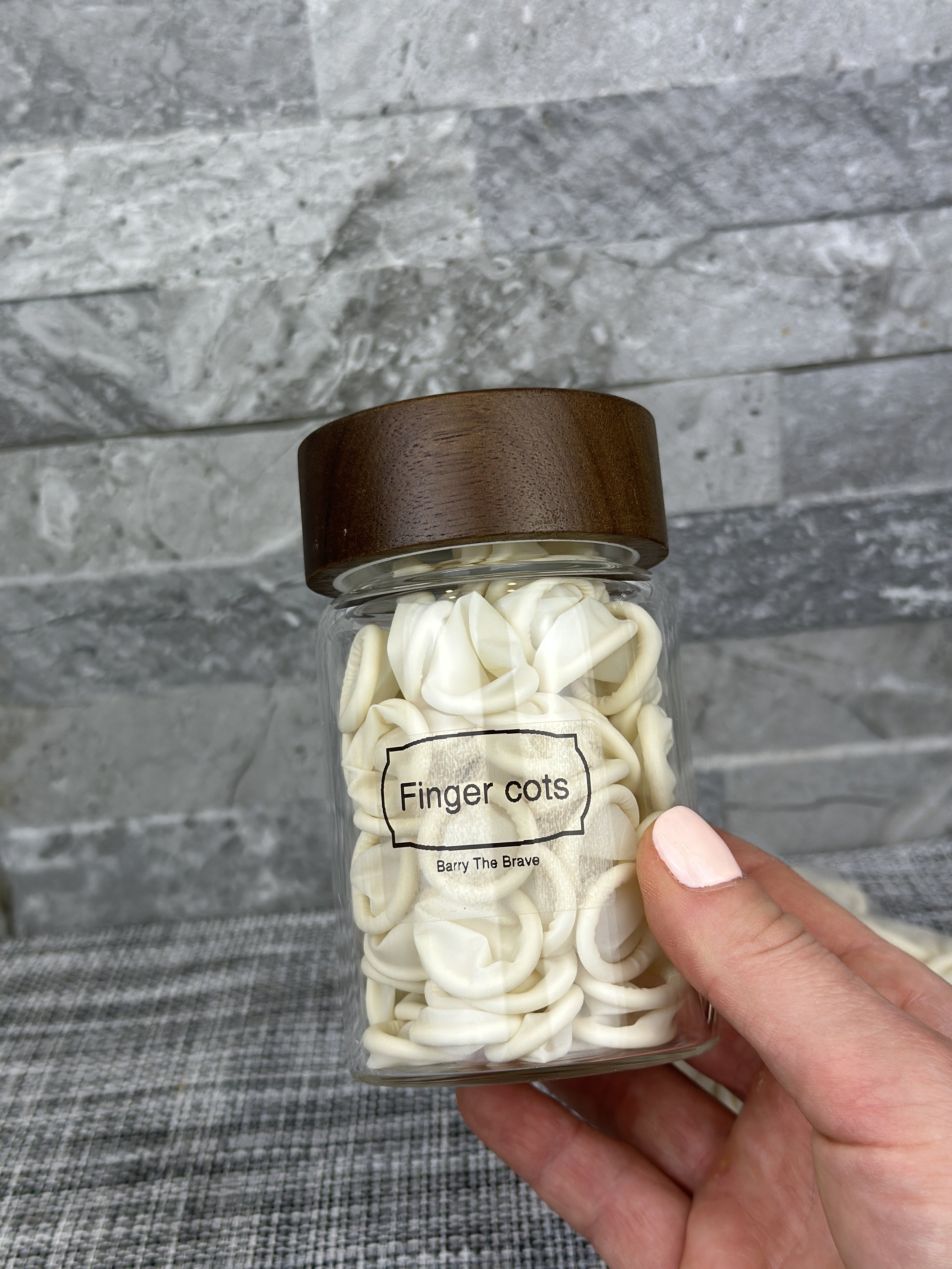 Finger Coat for Hand stripping Cairn Terrier dog coat and convenient glass jar with wooden lid