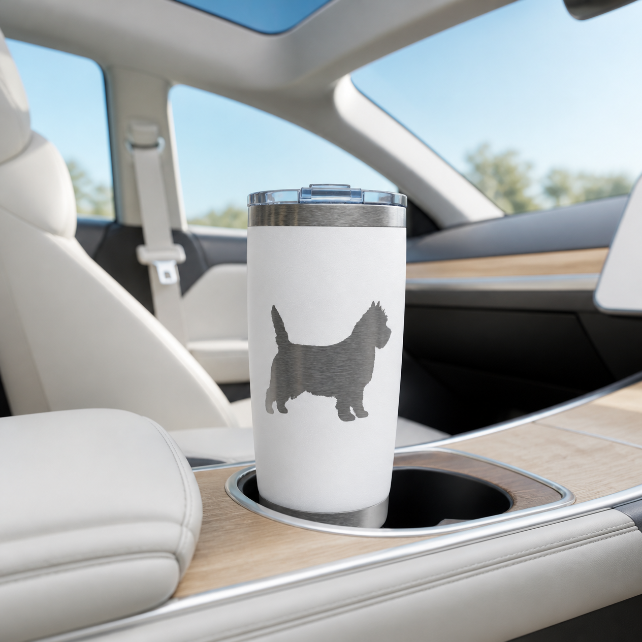 White Barry the Brave tumbler with engraved Cairn Terrier in a car cup holder