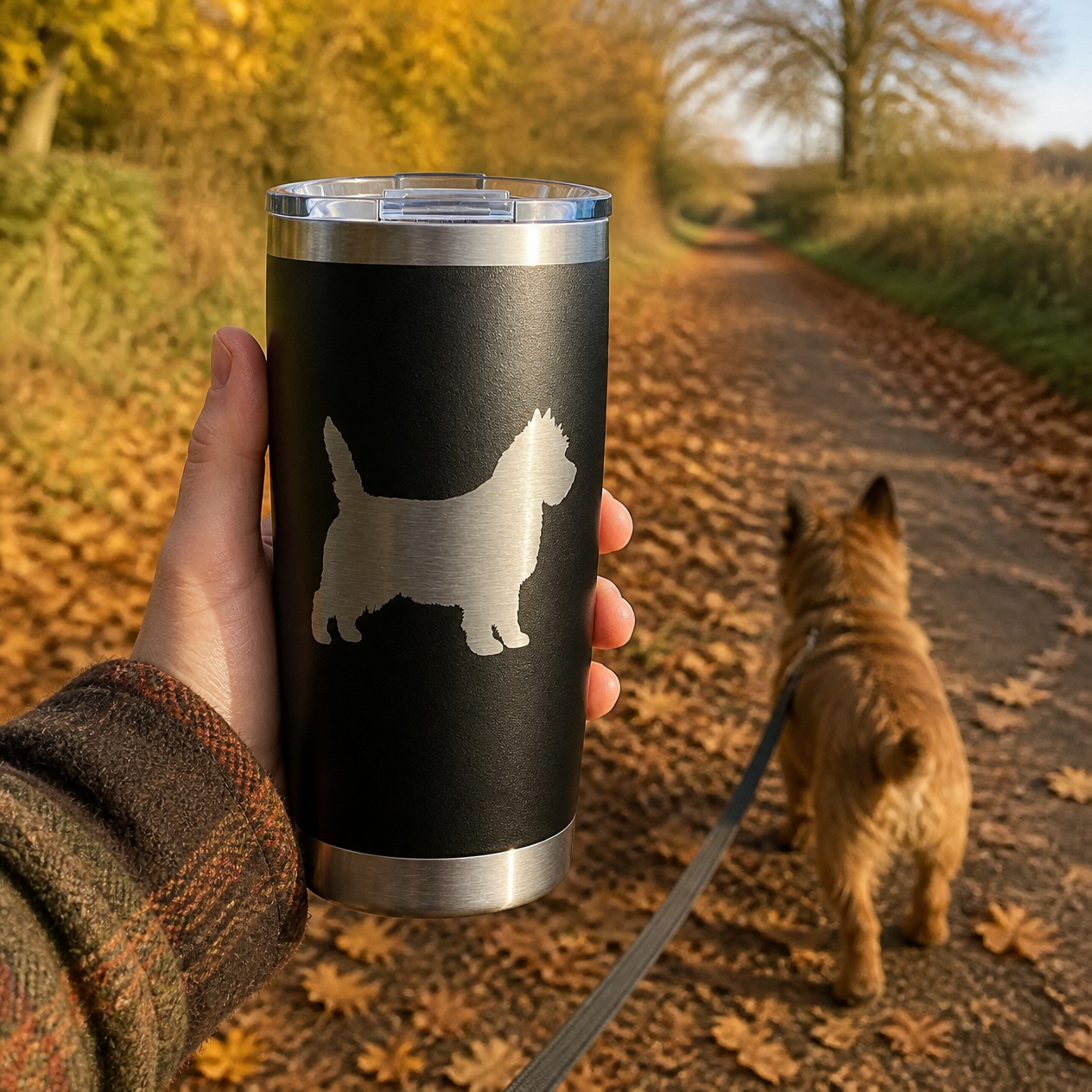 Hand holding the black engraved Cairn Terrier tumbler on an autumn dog walk