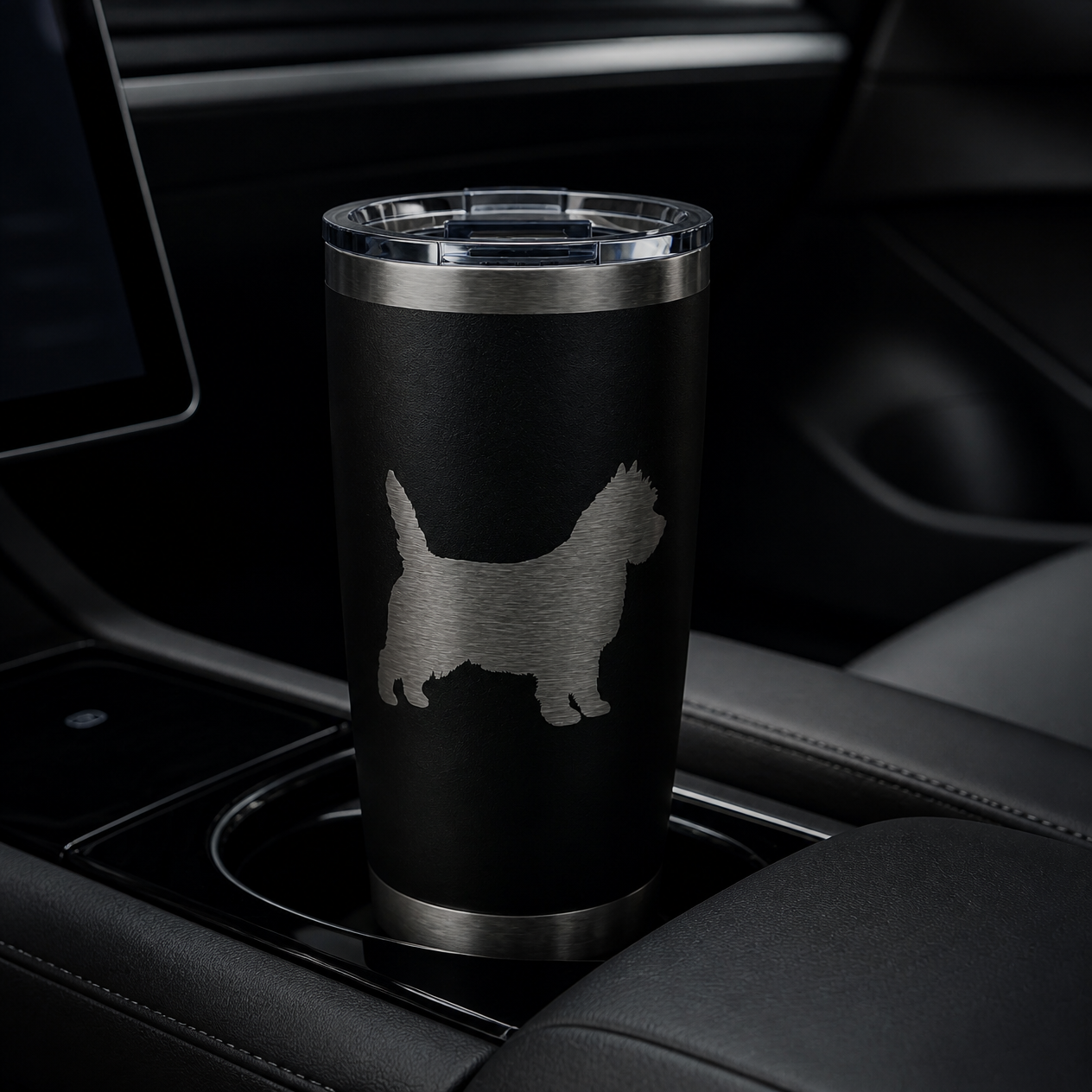 Black Barry the Brave tumbler with engraved Cairn Terrier in a car cup holder