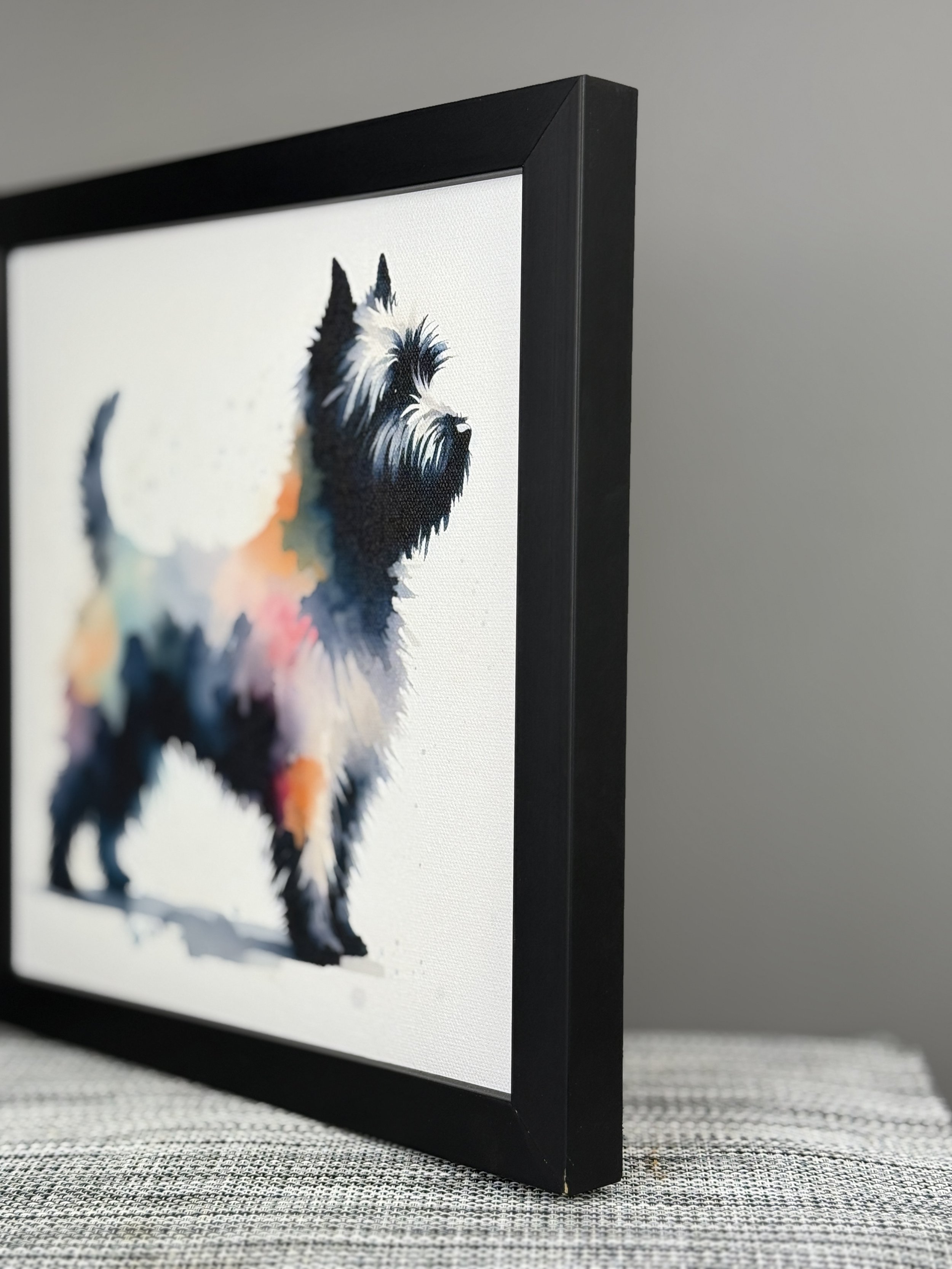 Standing Dark Brindle Cairn Terrier watercolour print on framed canvas.