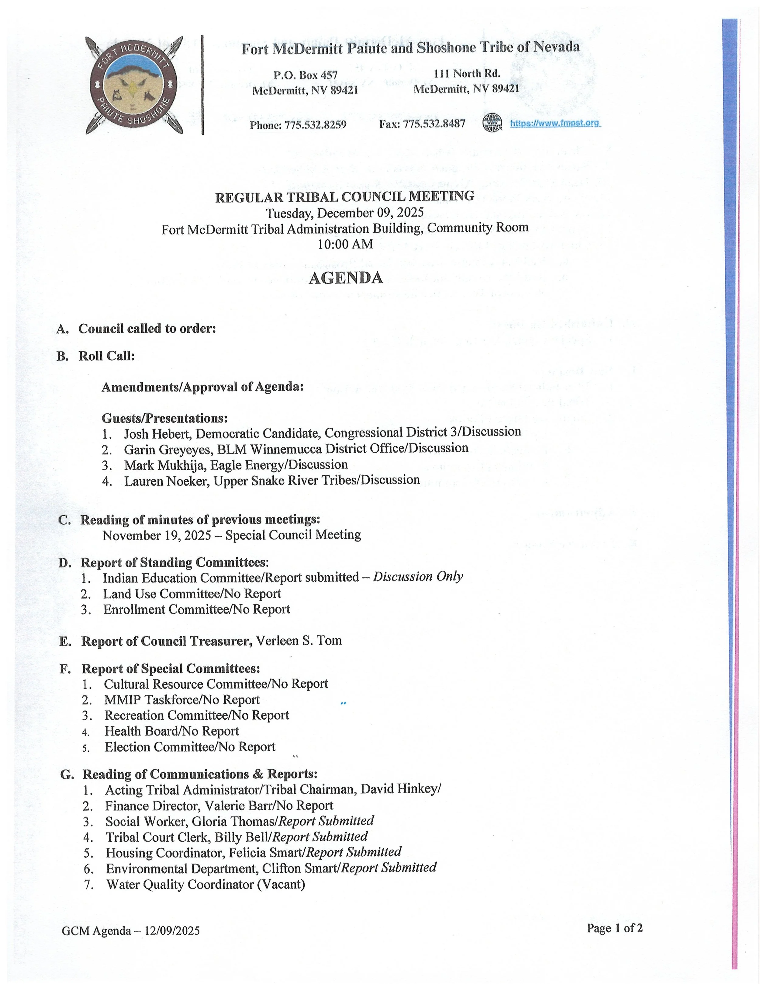 Regular Tribal Council Meetings