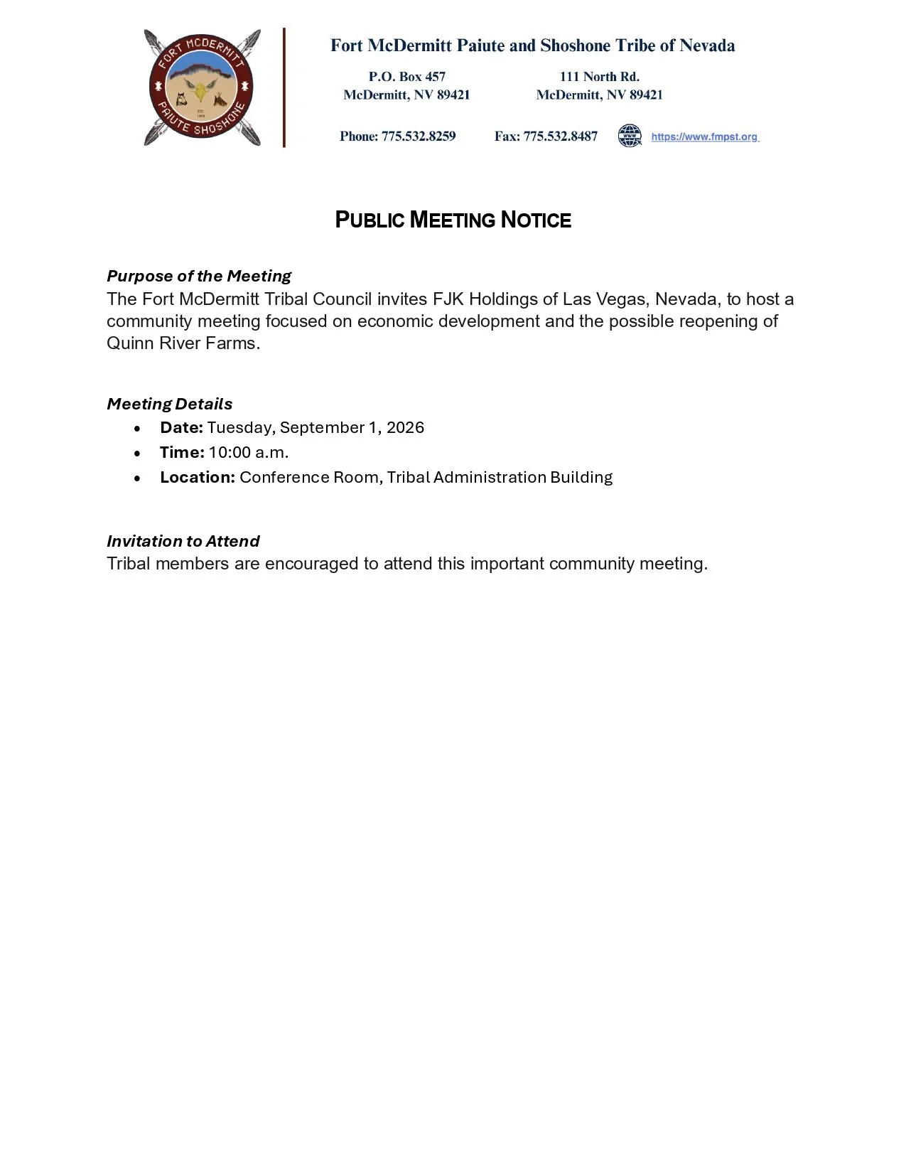 Community Meeting with FJK Holdings: Quinn River Farms