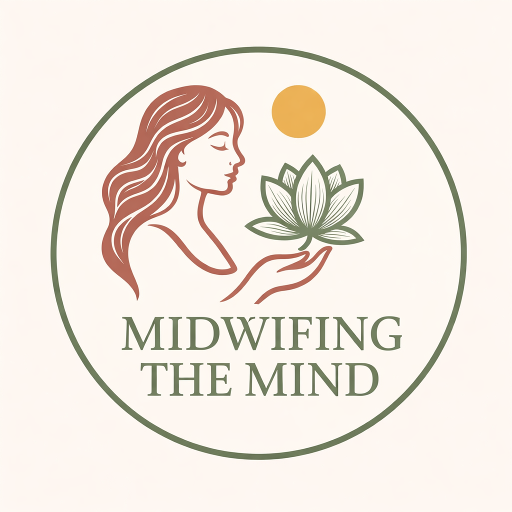 Midwifing the mind logo: a woman holding a lotus flower with a small sun