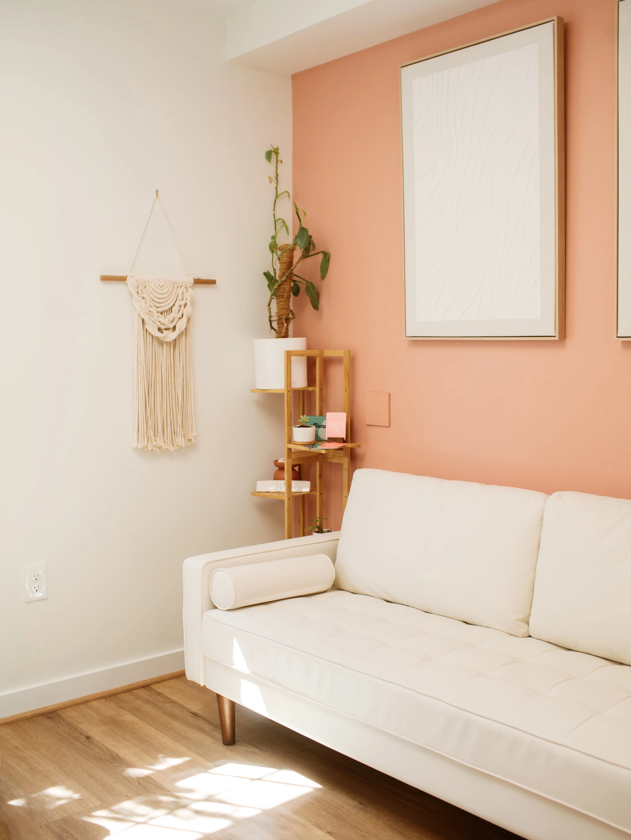 Flow's physical office space features a pink wall with a white couch and white artwork; a plant is on a shelf in the corner