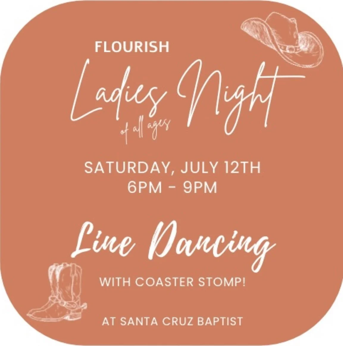 Ladies! Dust off your cowboy boots and get ready to dance the night away on Saturday, July 12th! Invite your mom and girlfriends, bring your daughters, and come learn some fun line dances with Coaster Stomp! Bring a snack or drink to share, and get r
