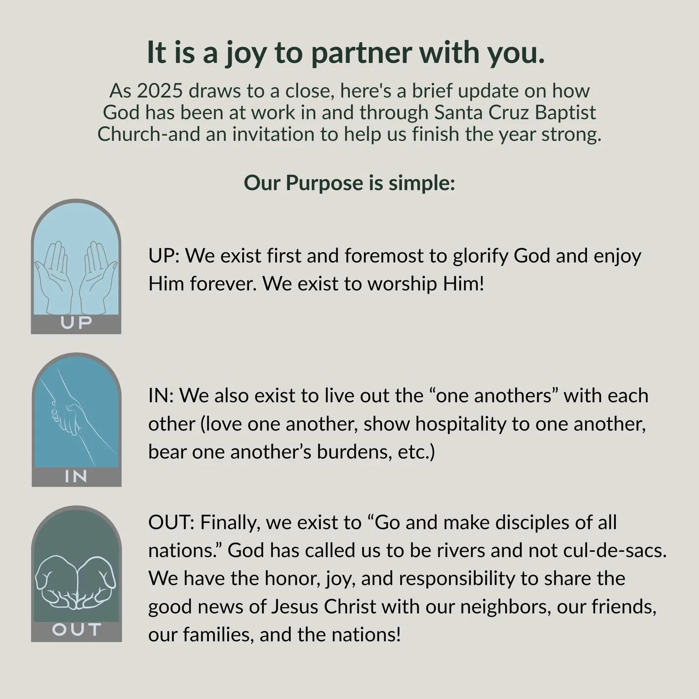 It&rsquo;s Giving Tuesday! Please consider helping Santa Cruz Baptist finish the year strong.

Our mission:
UP (to glorify God &amp; worship Him)
IN (to live out the &ldquo;one anothers&rdquo; with each other)
OUT (share the love of Jesus with friend