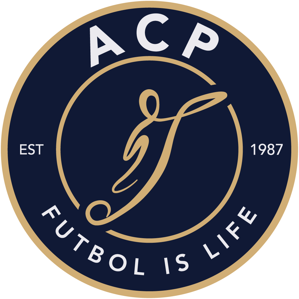 A circular logo with a navy blue background and gold border, featuring an elegant cursive letter 'F' in the center. The text 'AC' is at the top, 'P' at the right, 'FUTBOL IS LIFE' at the bottom, and 'EST 1987' on the left and right sides.