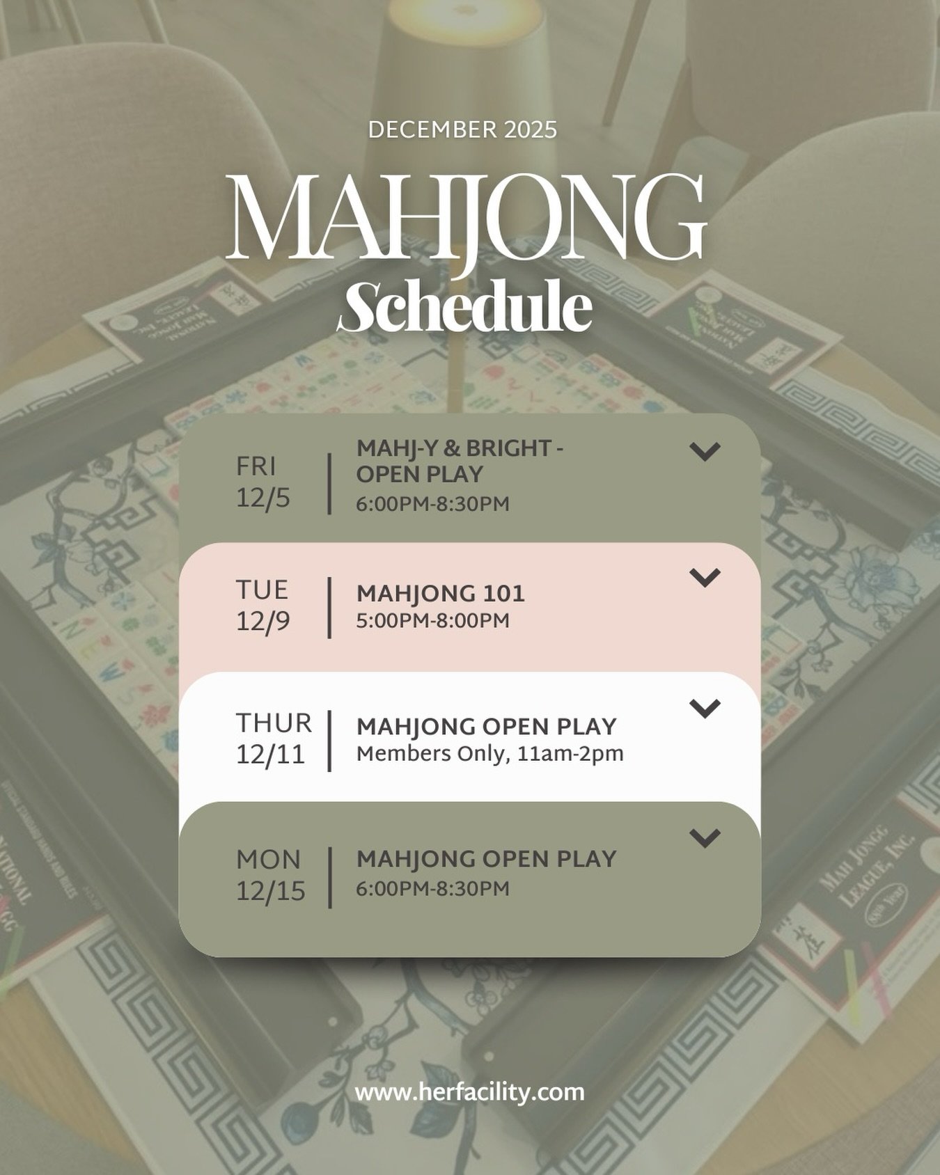 Warning: Learning Mahjong may result in new friends, loud laughter, and a weekly obsession. 💁🏻&zwj;♀️

Ready to learn the captivating game of American Mahjong while enjoying snacks, drinks, and time with friends? Join us in December for our final i
