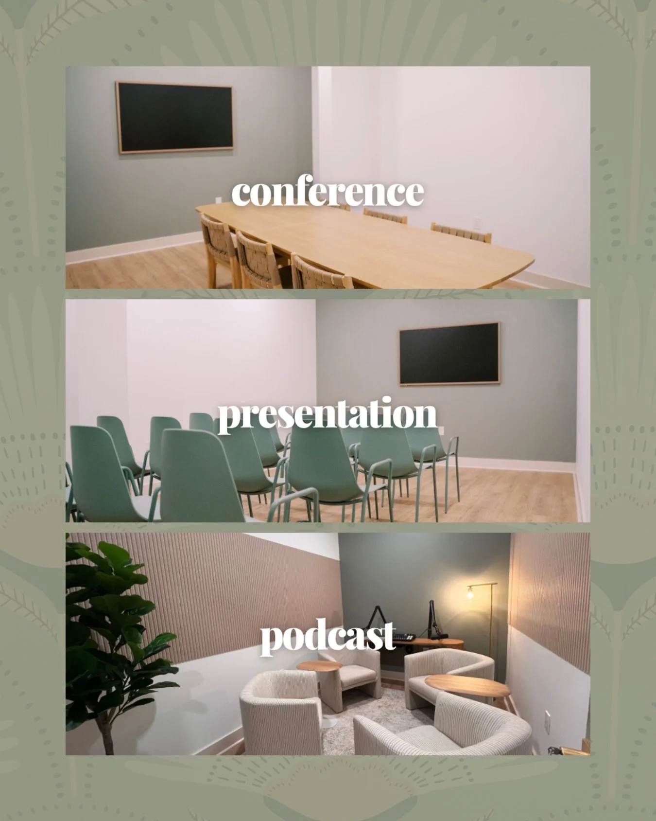🤚Stop meeting clients in noisy, overcrowded coffee shops.

🙌 Impress them in our beautifully designed meeting spaces.

Choose between:

1. Presentation Room - seats 20
2. Conference Room - seats 10
3. Podcast Room - seats 4

📍Her Facility | Mont B