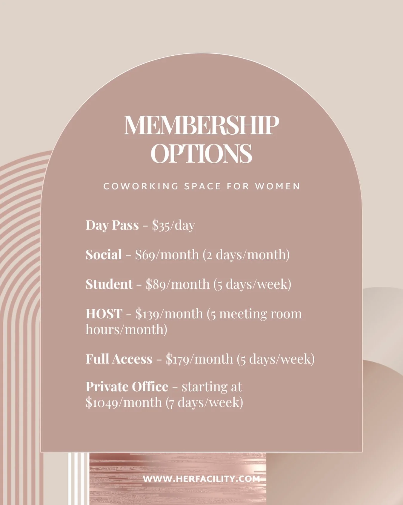 Not every workday looks the same, and neither should your workspace.

At Her Facility, we offer options for different work styles, schedules, and seasons of work - whether you&rsquo;re building a business, working remotely, or navigating a hybrid rou