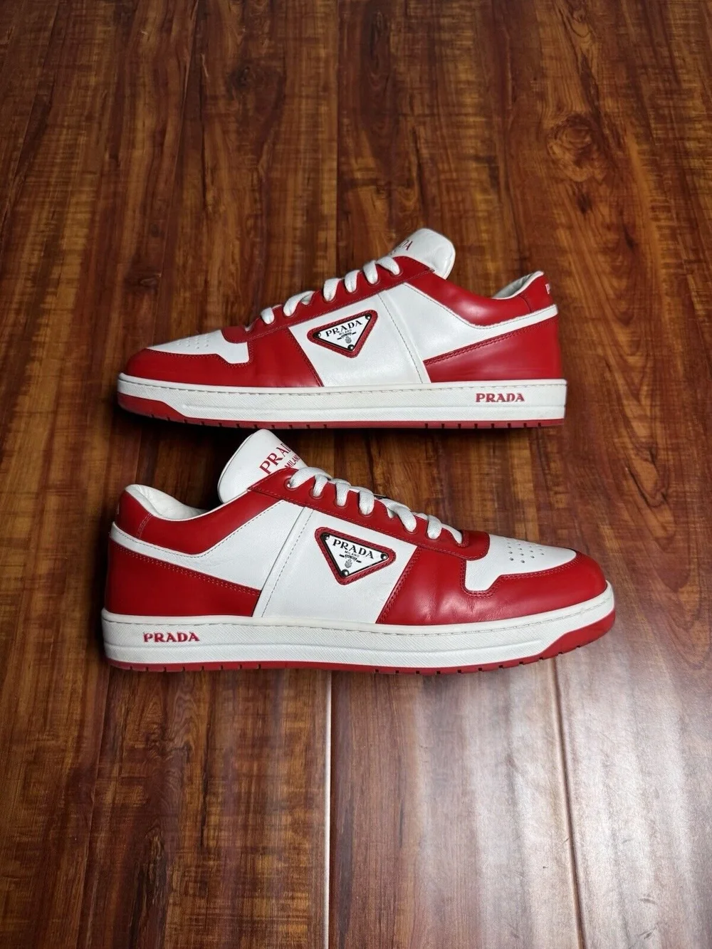 Prada Downtown Triangle Logo Low Mens Sneaker - Red White - Size
