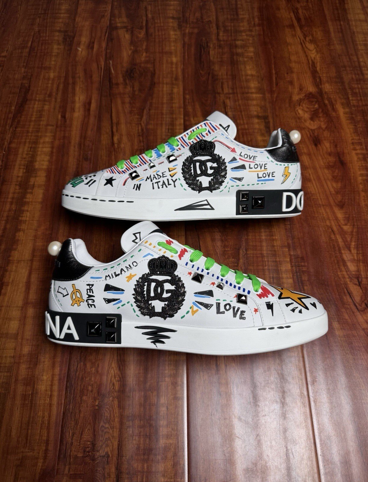 Dolce & Gabbana DNG Portofino All Over Graffiti White Mens Sneakers - Size 12DG