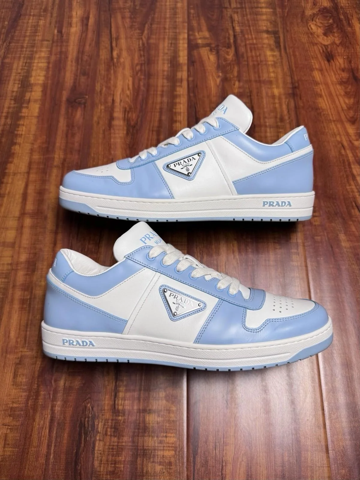 Prada Downtown Triangle Logo White Baby Pastel Blue Mens Sneakers - Size 7P 8US