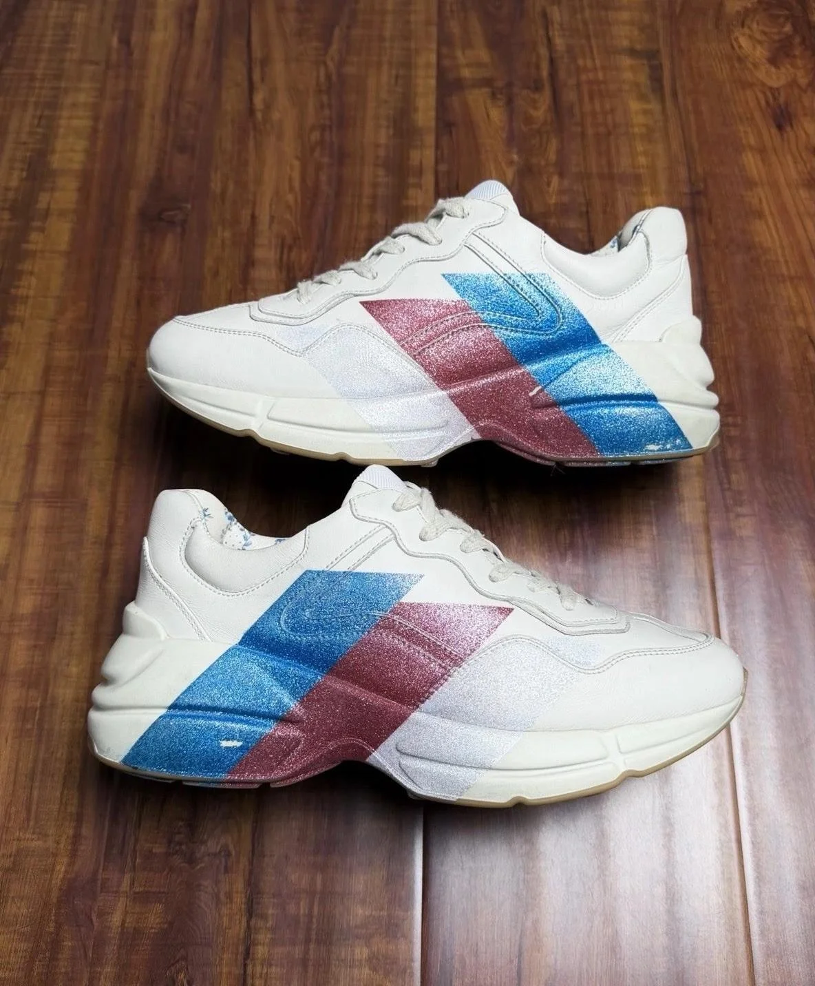 Gucci Rhyton GG Web Sparkle Beige Blue Red Sneakers - Size 37G 7US W