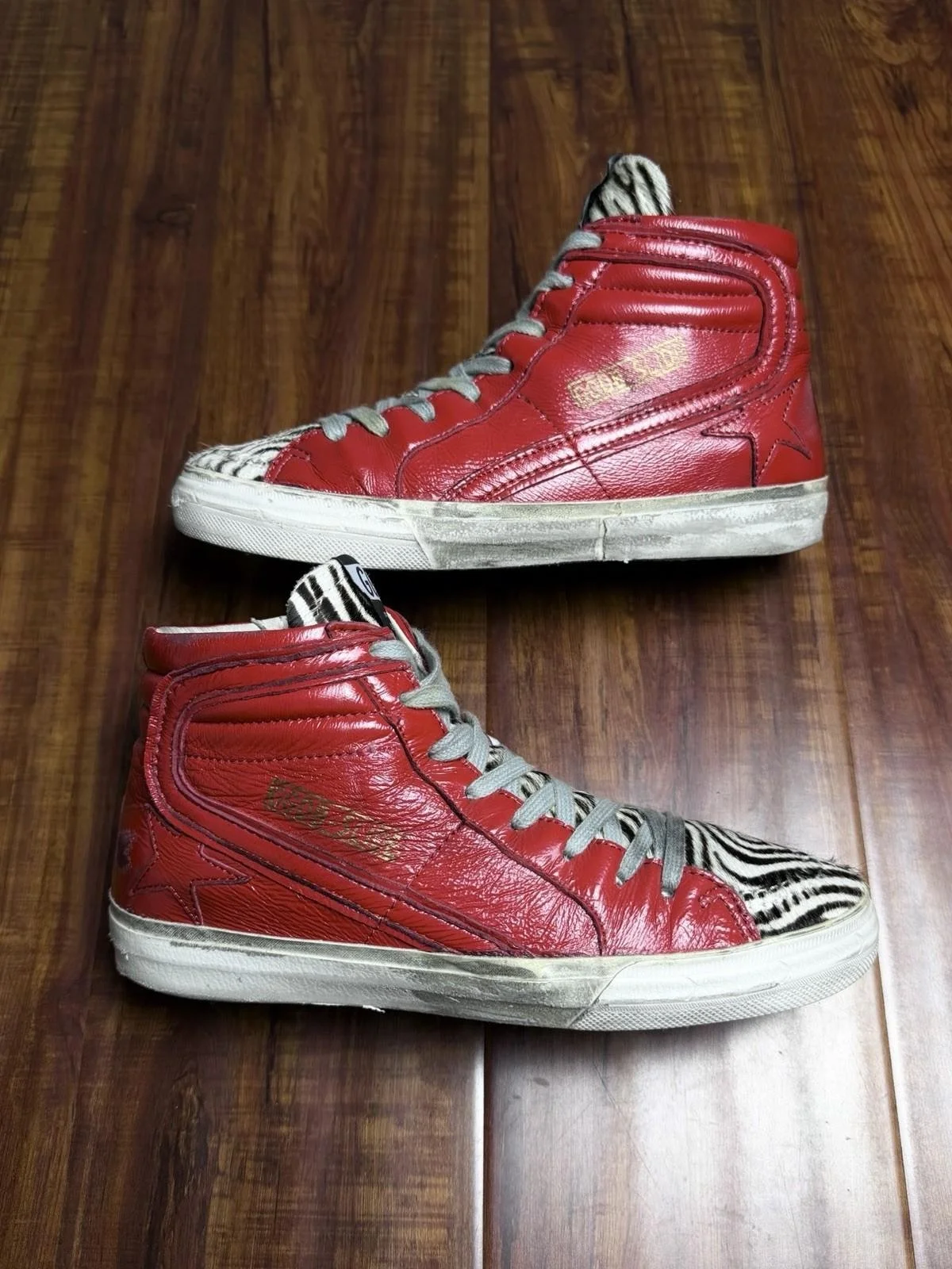 Golden Goose Slide Zebra Fur White Red Star Leather Sneakers - Size 37GG 7US W