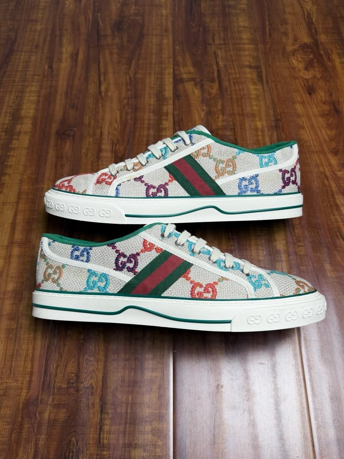 Gucci Tennis 1977 GG Monogram Multicolor White Beige Sneakers - Size 10.5G 11US