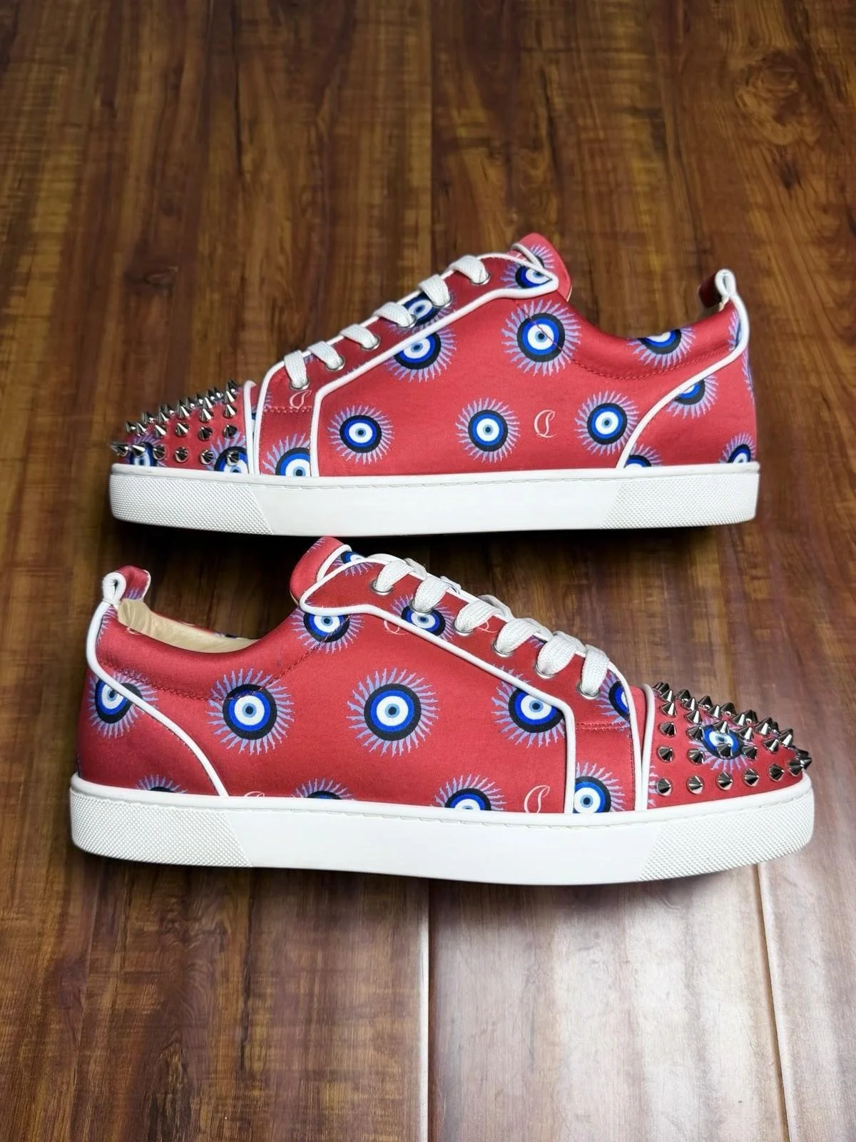 Christian Louboutin Junior Orlato Satin Red Spike Sneakers - Size 42.5CL 9.5US
