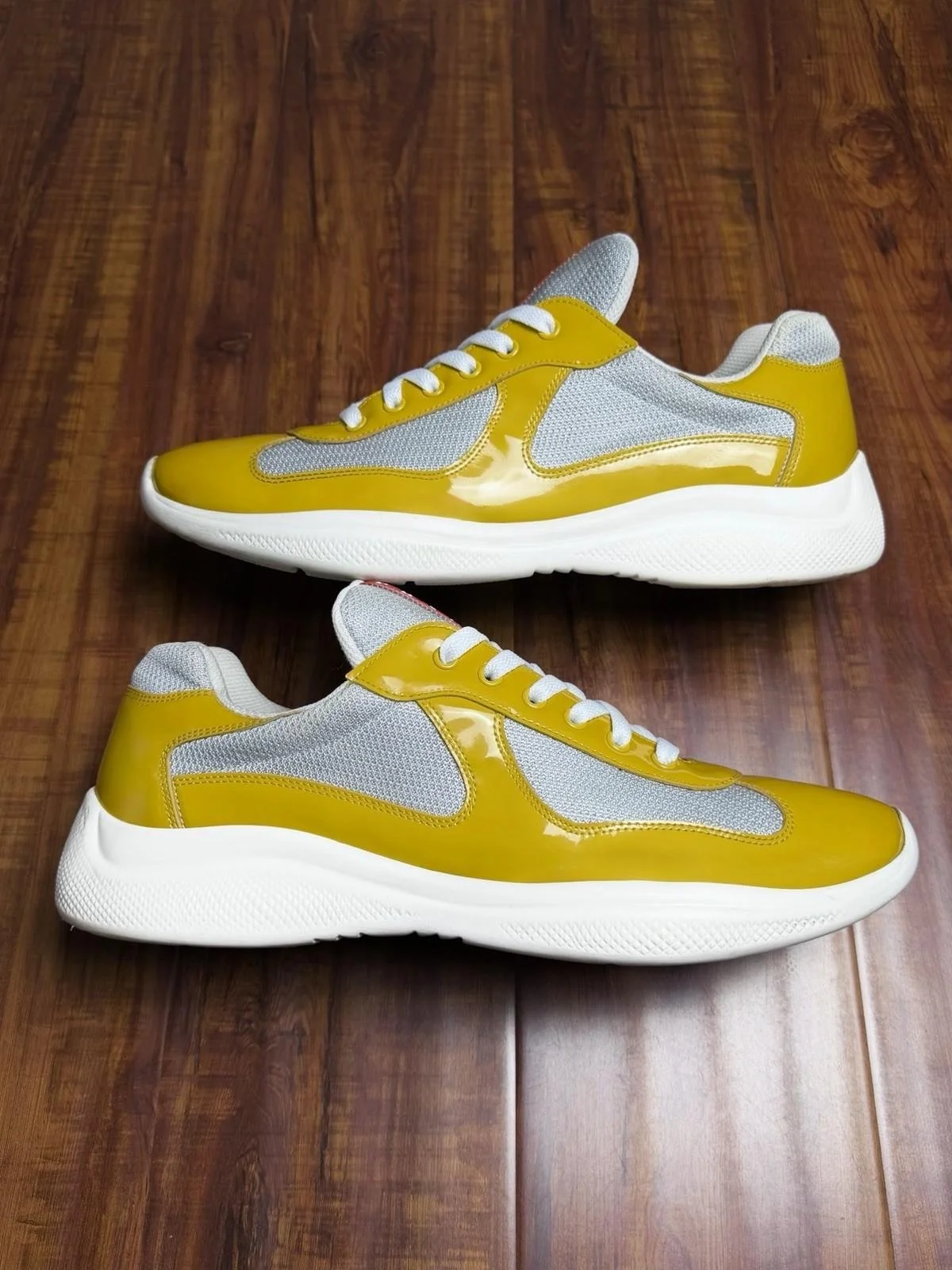 Prada American Cup Patent Yellow White Grey Mesh Mens Sneakers - Size 11P 12US