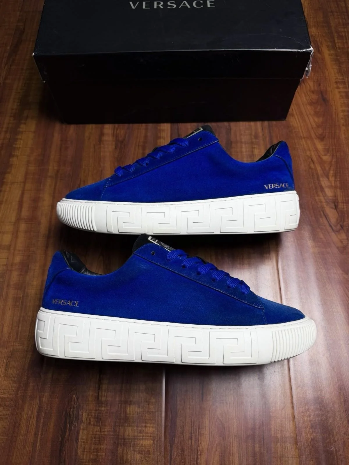 Versace Greca Blue Suede White Chain Zig Zag Sole Mens Sneakers - Size 41V 8US