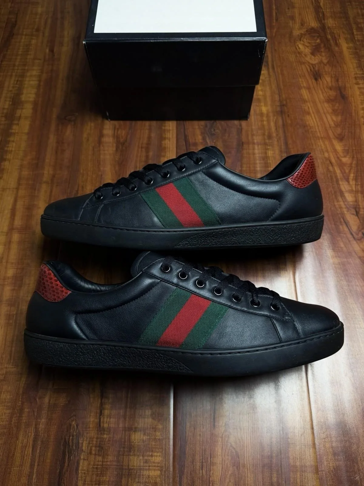 Gucci Ace Web Stripe Black Red Green Mens Leather Sneakers - Size 12.5G 13US