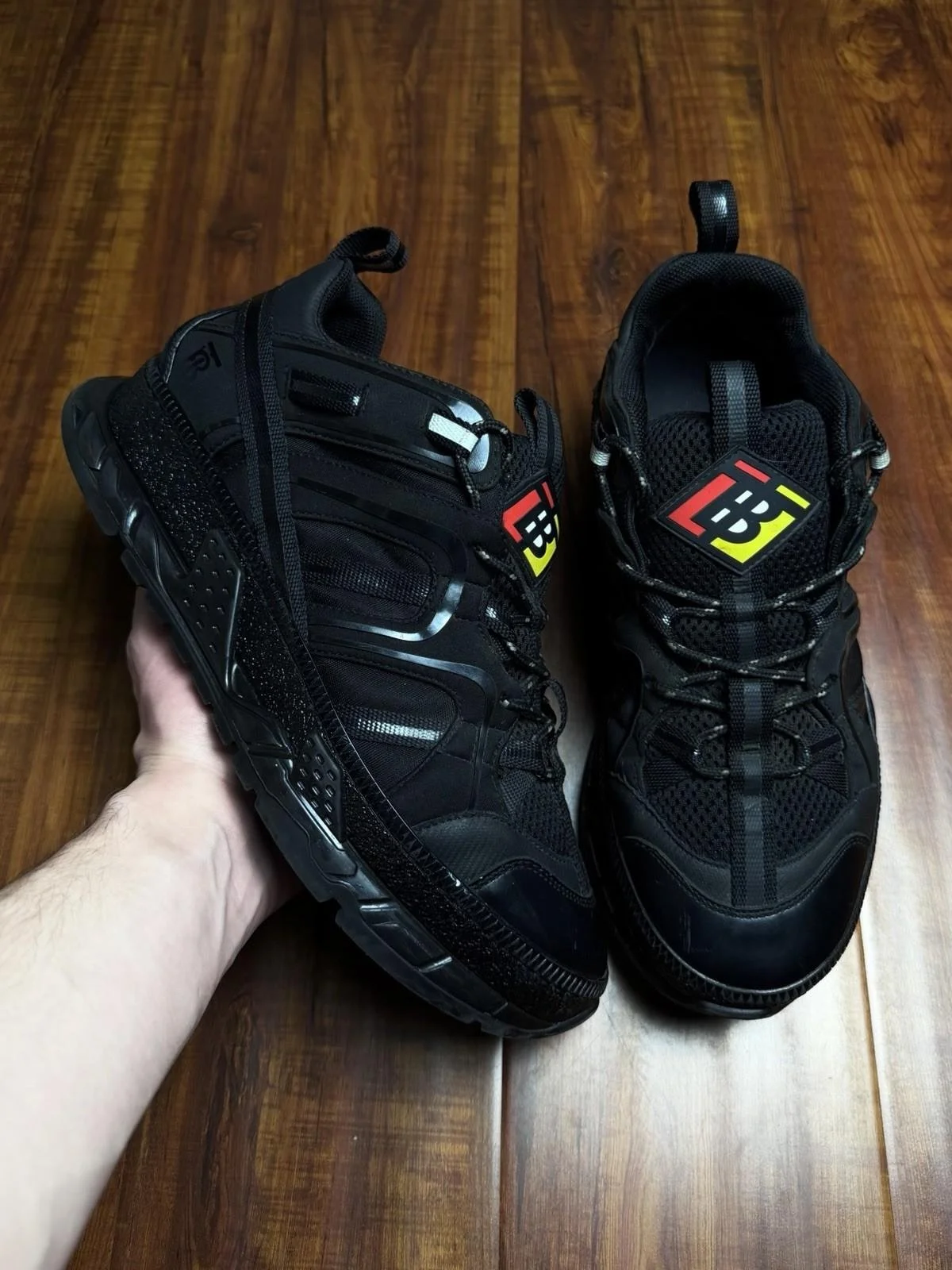 Burberry Union TB Chunky All Black Plaid Mens Leather Sneakers - Size 43B 10US