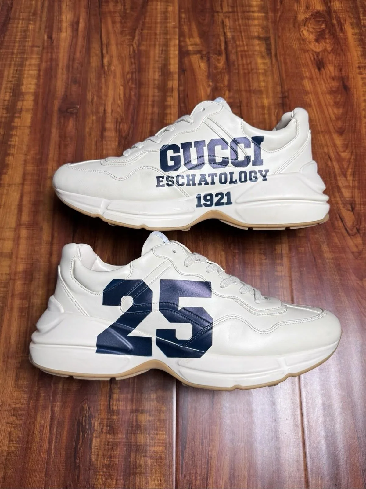 Gucci Rhyton Font Logo 25 Mens Navy Blue Black Beige Sneakers - Size 10G 10.5US