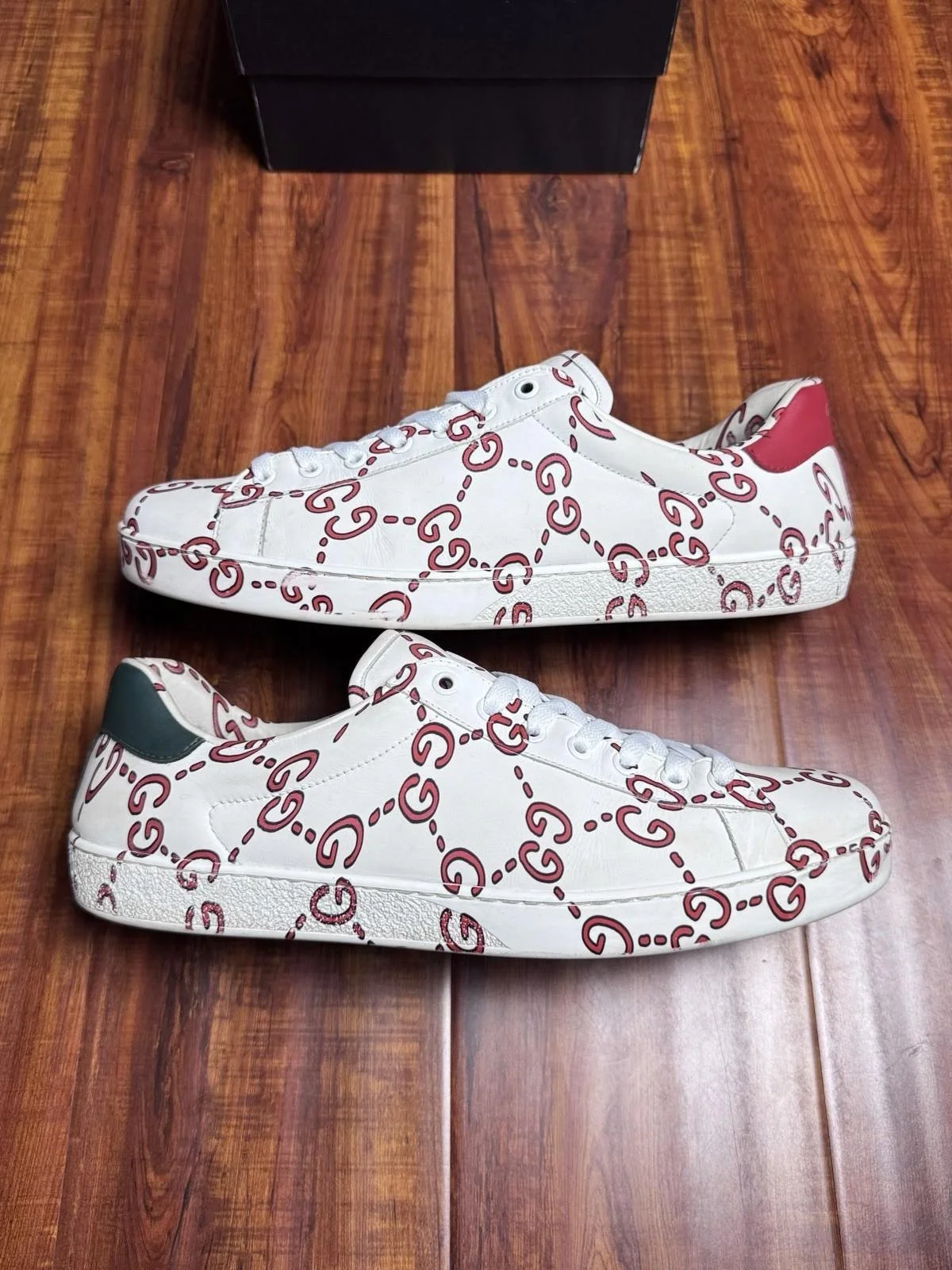 Gucci Ace Ghost GG Monogram White Red Mens Leather Sneakers - Size 10G 10.5US