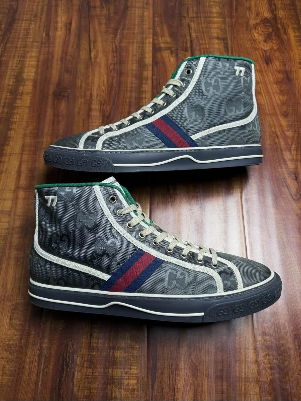 Gucci Tennis 1977 Web GG Monogram Mens Grey White Sneakers - Size 11G 11.5US