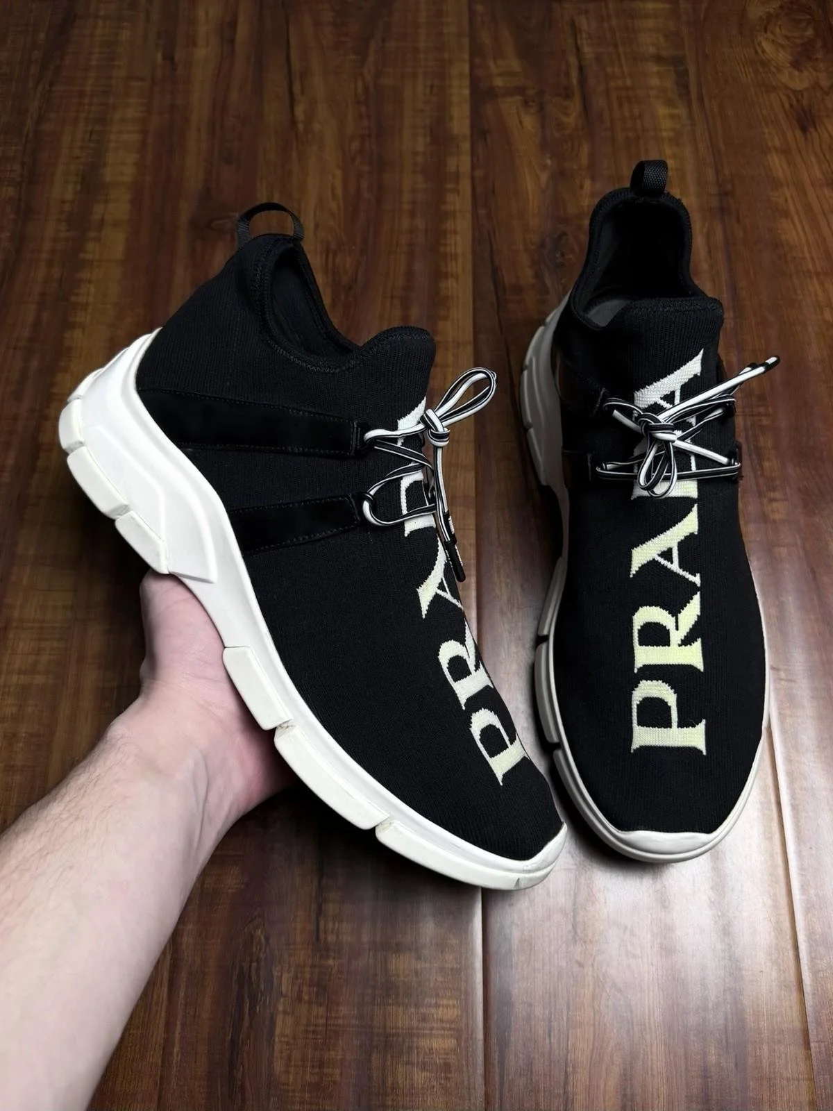 Prada Milano Font Logo Sock Knit Black White Mens Sneakers - Size 8.5P 9.5US