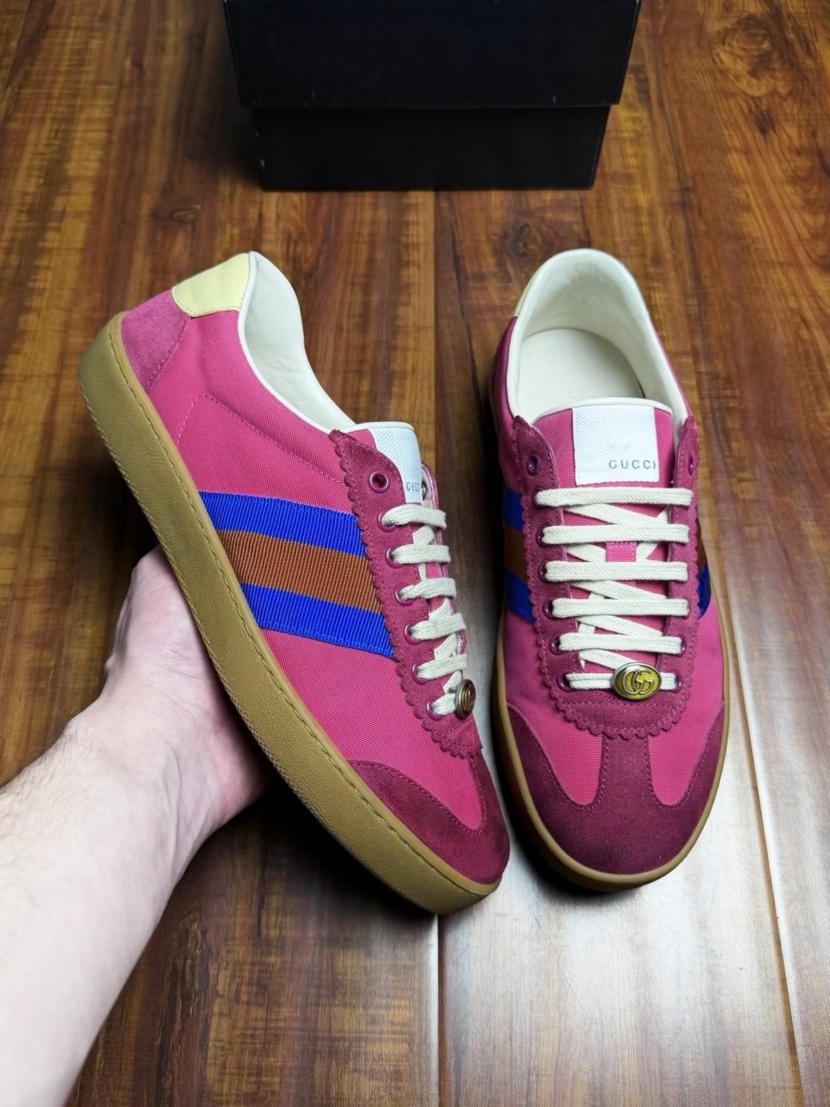 Gucci G74 Web Screener Pink Multi Color Mens Canvas  Sneakers - Size 8.5G 9US