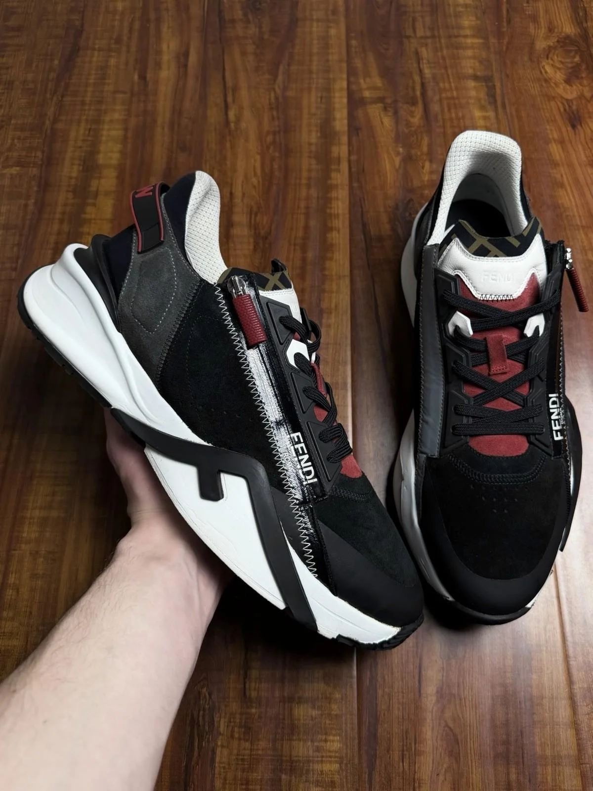 Fendi Flow FF Motif White Black Red Men Zip Mesh Runner Sneakers - Size 12F 13US