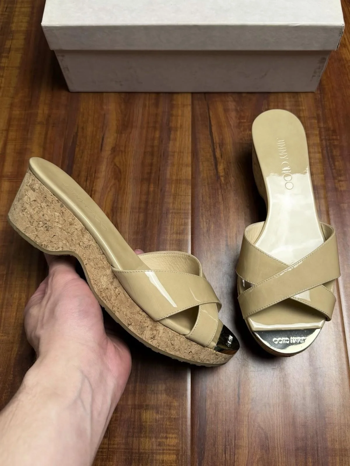 Jimmy Choo Prima Beige Cork  Wedge Cross Strap Women Sandles - Size 36.5JC 6.5US W