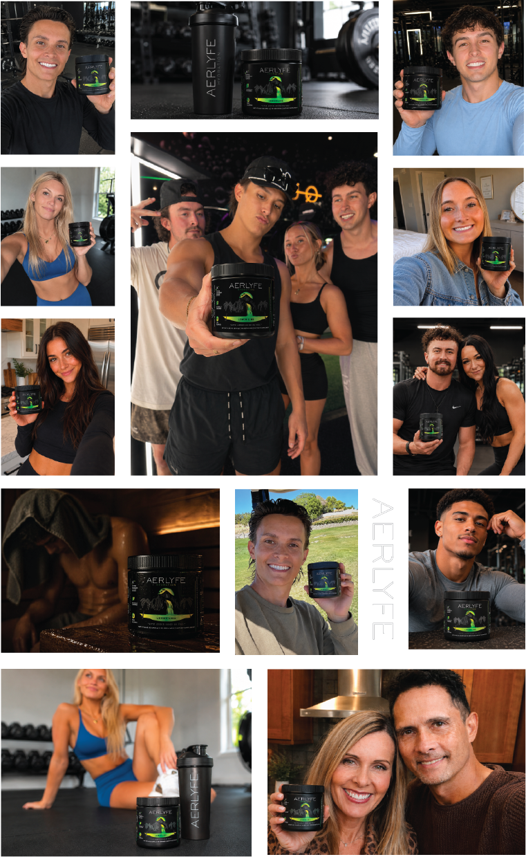 Collage of various people holding containers of AERLYFE supplement, including gym-goers, athletes, and casual individuals in different settings.