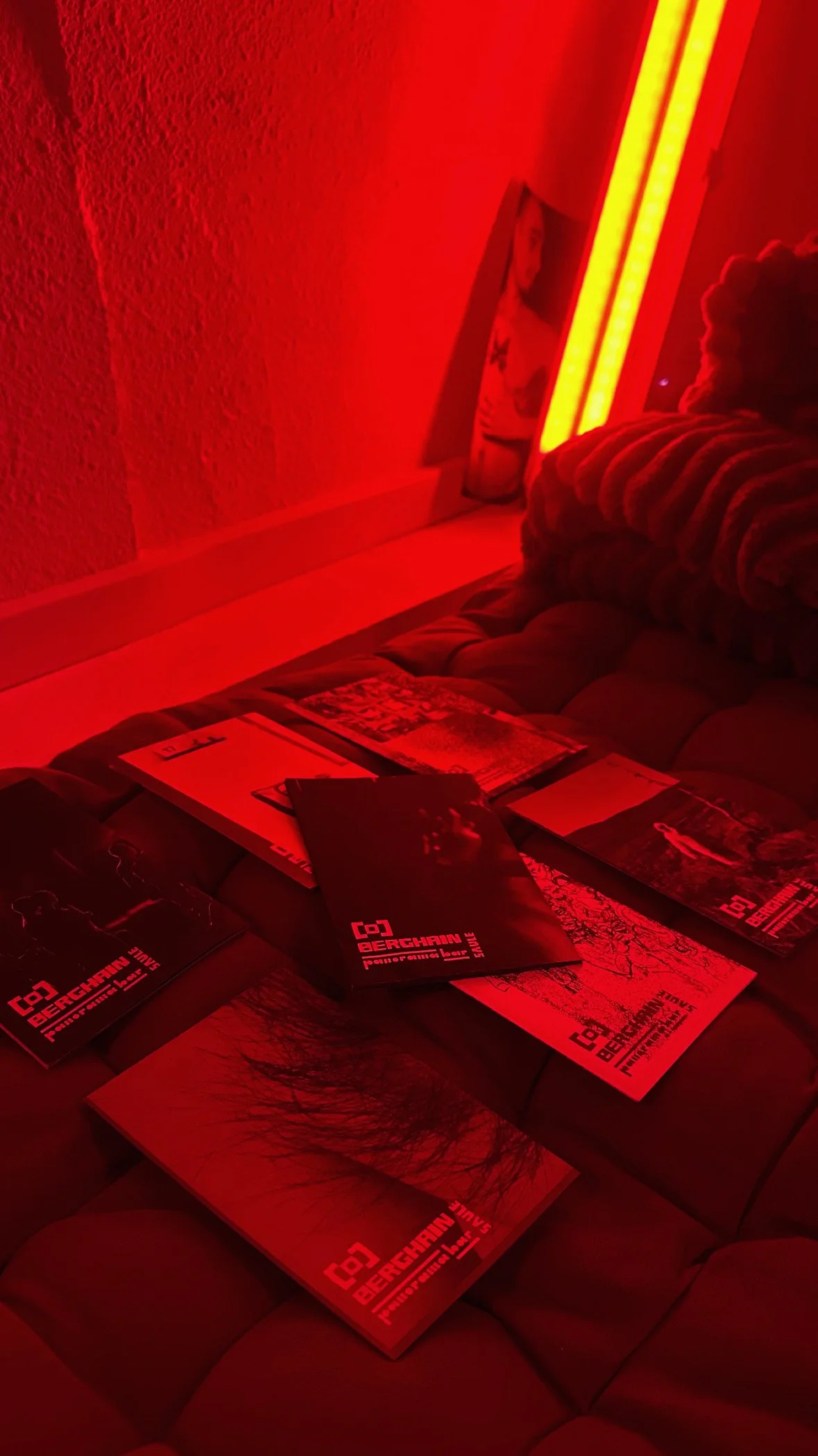 Coin chill de l'atelier de tatouage Coriolis à Clermont-Ferrand, flyers du Berghain et ambiance lumière rouge