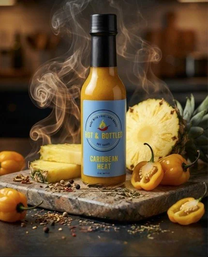 Logo for Hot & Bottled Caribbean Heat hot sauce with a chili pepper and flames, blue background, yellow and black text.