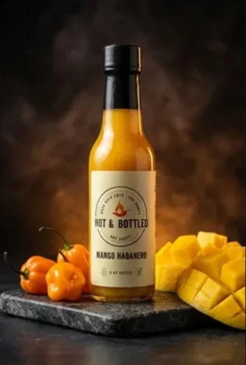 Label for a hot sauce called 'Hot & Bottled' with flavors 'Mango Habanero.' Features a chili pepper with flames above it, circular design, and text indicating it's made with love and smoke.