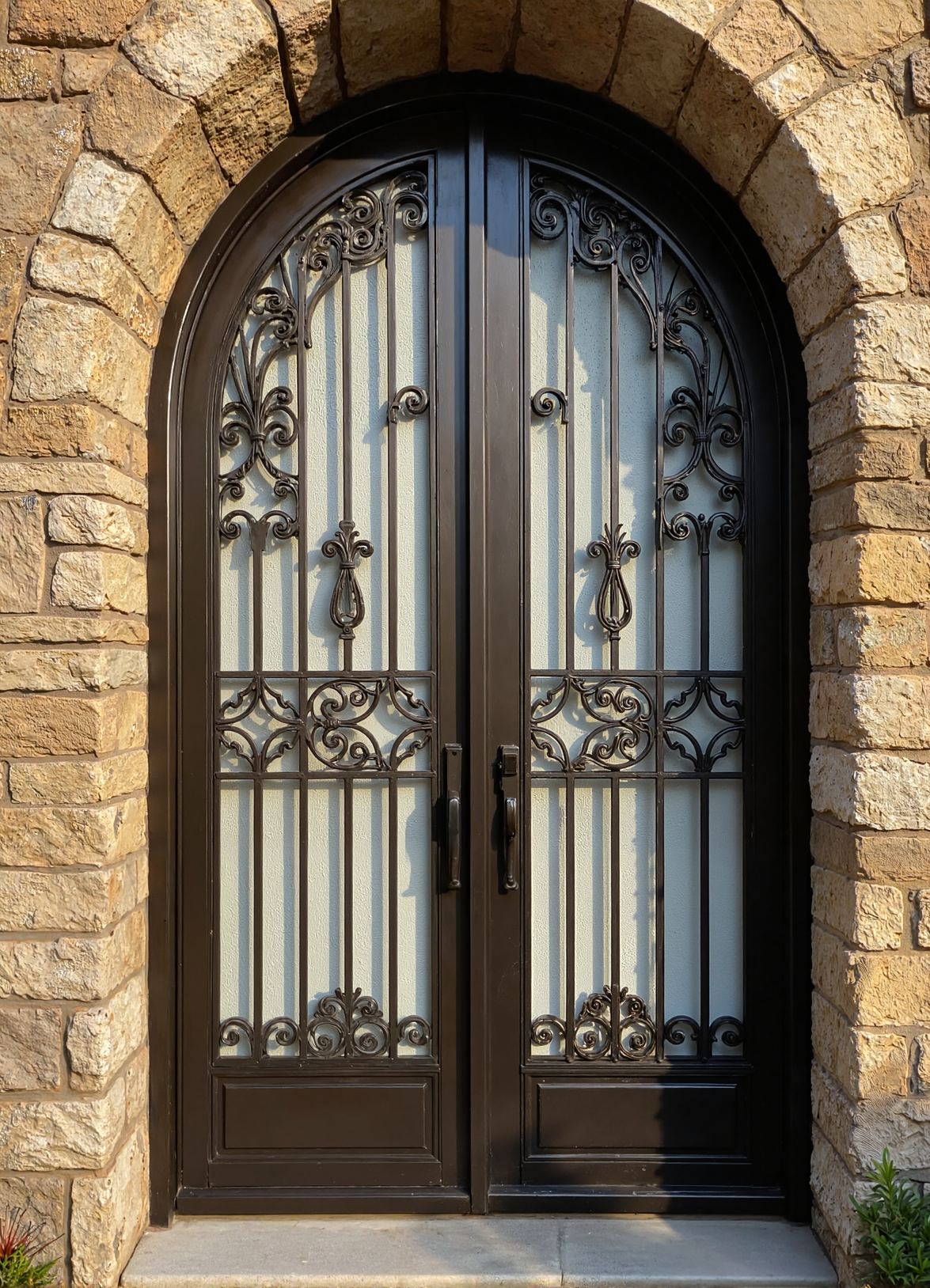 Black metal double door with decorative scrollwork and frosted glass panels, set within a stone archway.