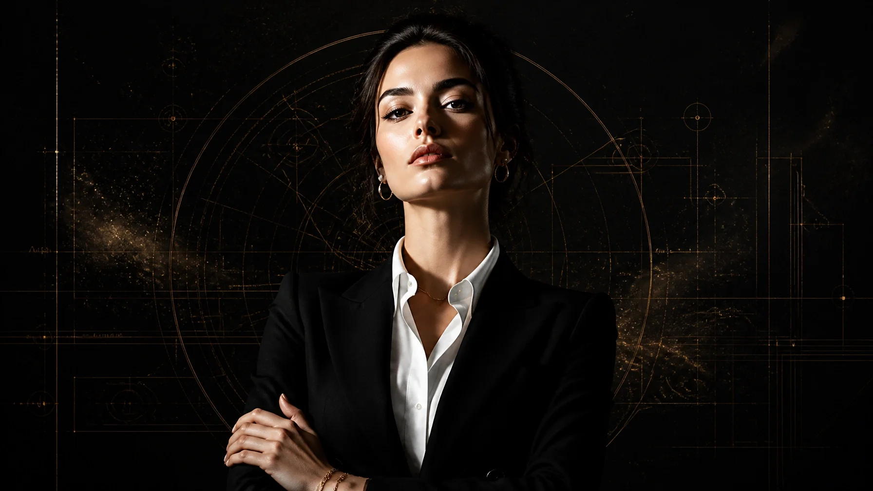 Woman in a black executive blazer with gold accessories, standing against a dark background with gold geometric blueprint lines and subtle cosmic depth. Represents personal sovereignty and architectural realignment for high-achieving women.