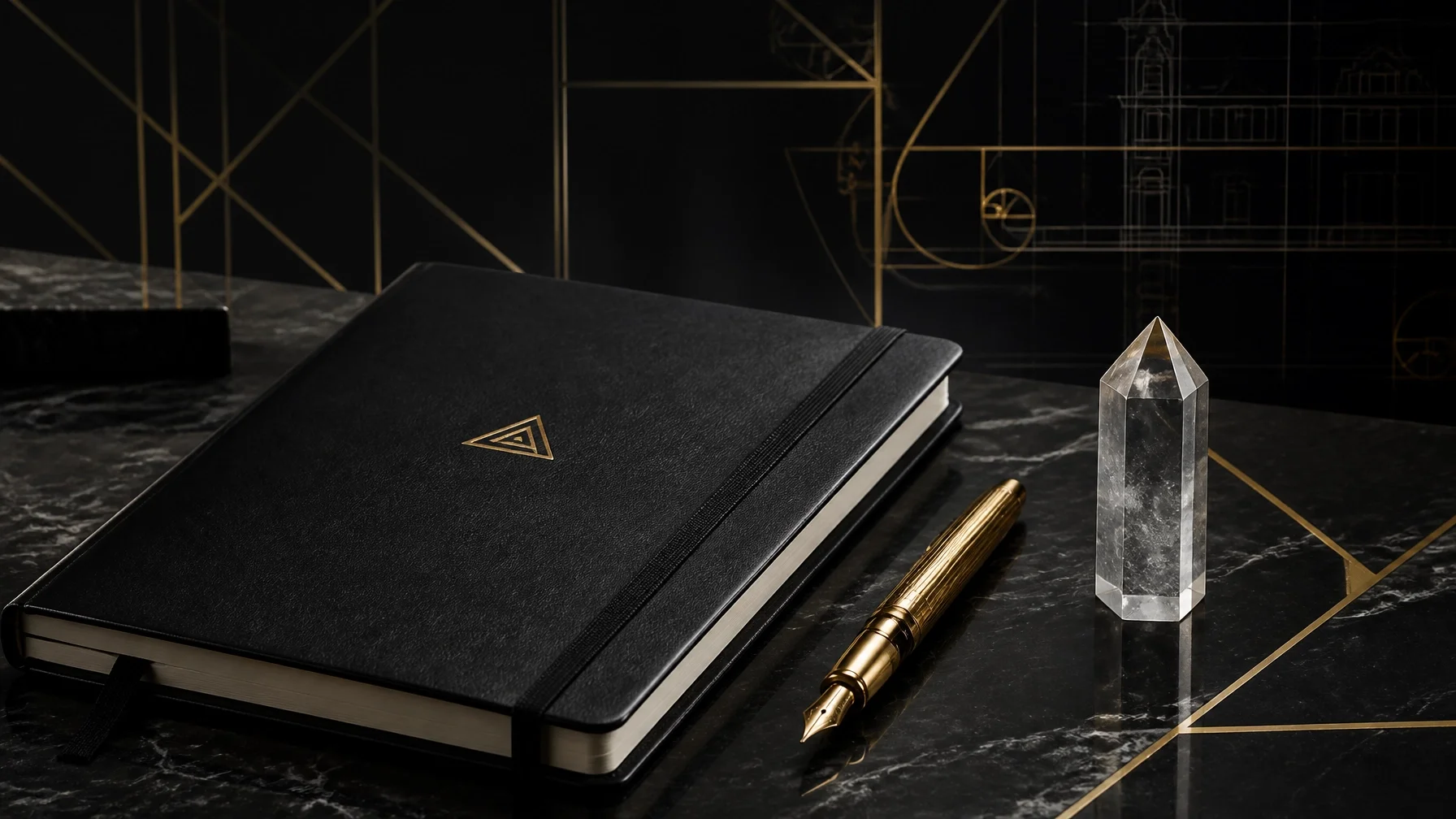 Black notebook with gold emblem, gold pen, and clear quartz crystal on a black marble surface with geometric gold accents in the background.