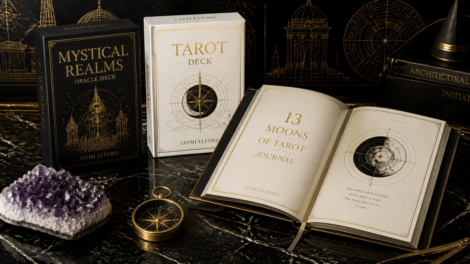 Books titled 'Mystical Realms Oracle Deck', 'Tarot Deck', and '13 Moons of Tarot Journal' with an amethyst crystal and brass compass on a black marble surface, and a black background with gold architectural sketches.