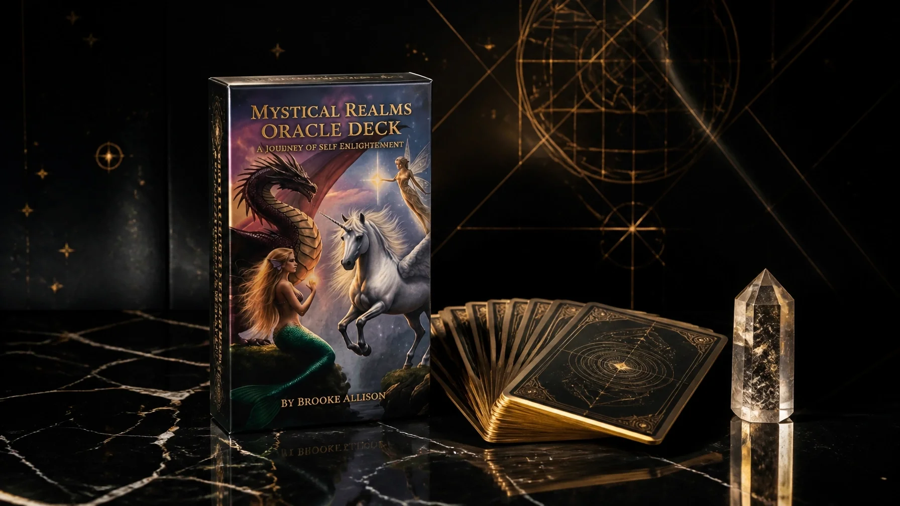 Mystical Realms Oracle Deck box with artwork of a dragon, a unicorn, a mermaid, and a fairy, placed on a black marble surface alongside a fan of oracle cards and a clear crystal point, with dark mystical background and golden geometric designs.