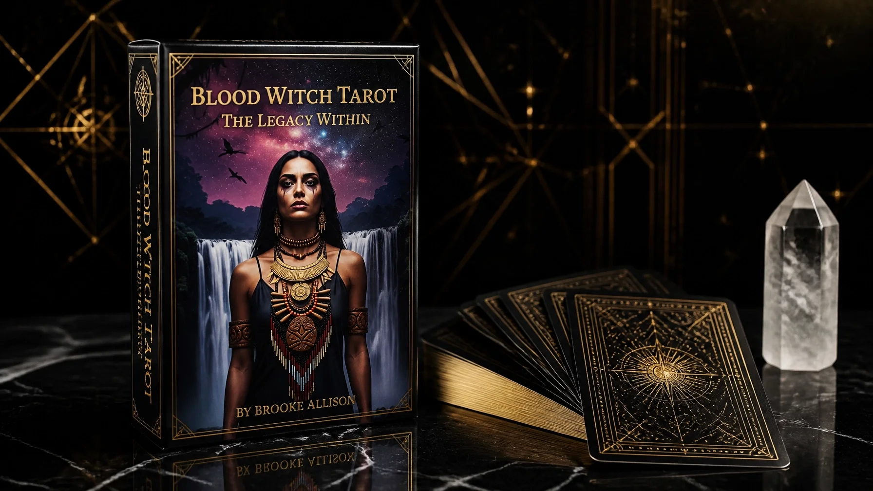 A tarot card deck titled 'Blood Witch Tarot' with the subtitle 'The Legacy Within' and the author's name, Brooke Allison, is displayed on a black marble surface. The deck's cover features a woman with long black hair, dark eye makeup, and tribal-inspired jewelry, with a waterfall and a starry sky in the background. To the right of the deck are several tarot cards with intricate gold designs on their backs and a clear quartz crystal point.