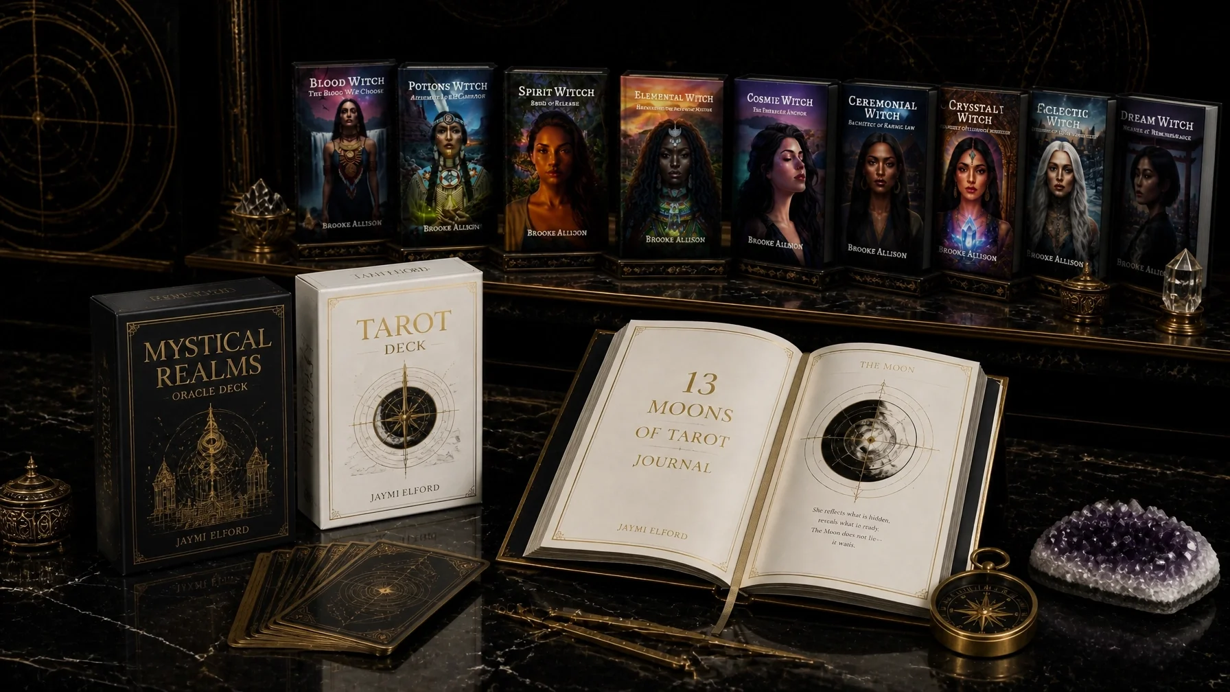 A collection of tarot and oracle cards, books, and crystals on a black marble surface, with a row of tarot card boxes featuring women and mystical imagery in the background.