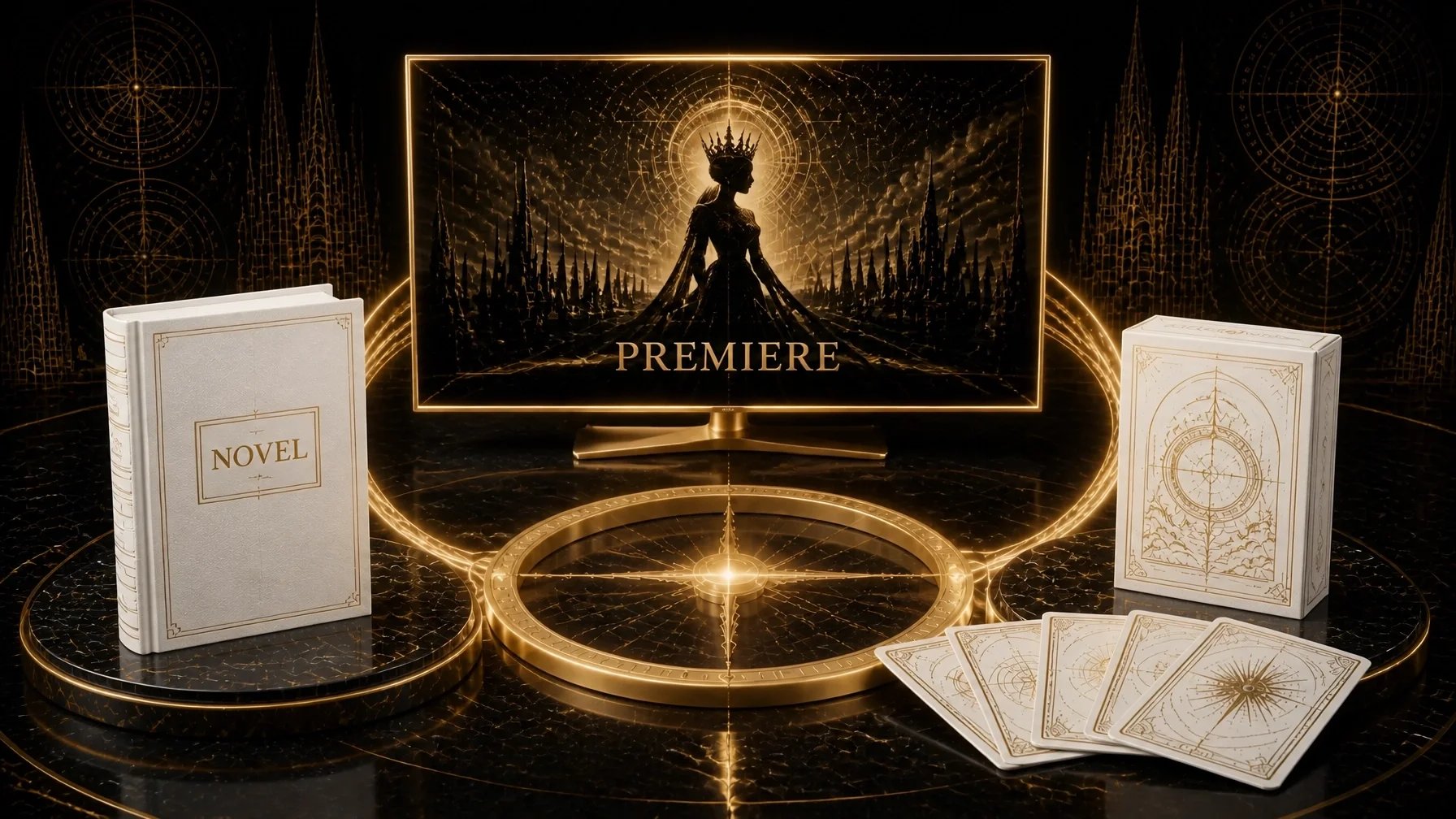 A digital display promoting a premiere, featuring a dark fantasy scene with a silhouette of a crowned woman in front of a glowing background, surrounded by tarot cards, books labeled 'NOVEL', and mystical circular designs on a black and gold decorative surface.