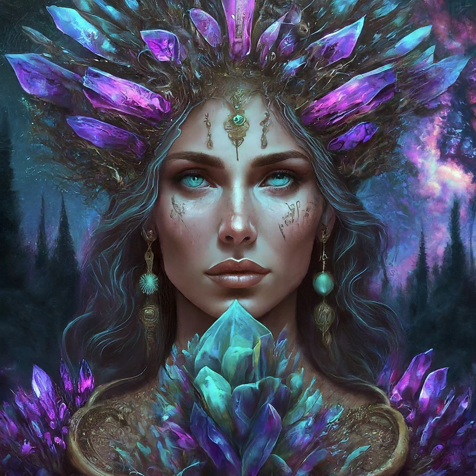 A fantasy-style artwork of a woman with glowing blue eyes, adorned with an ornate headdress made of purple crystals and jewelry, surrounded by vibrant purple and blue feathers and mystical elements.