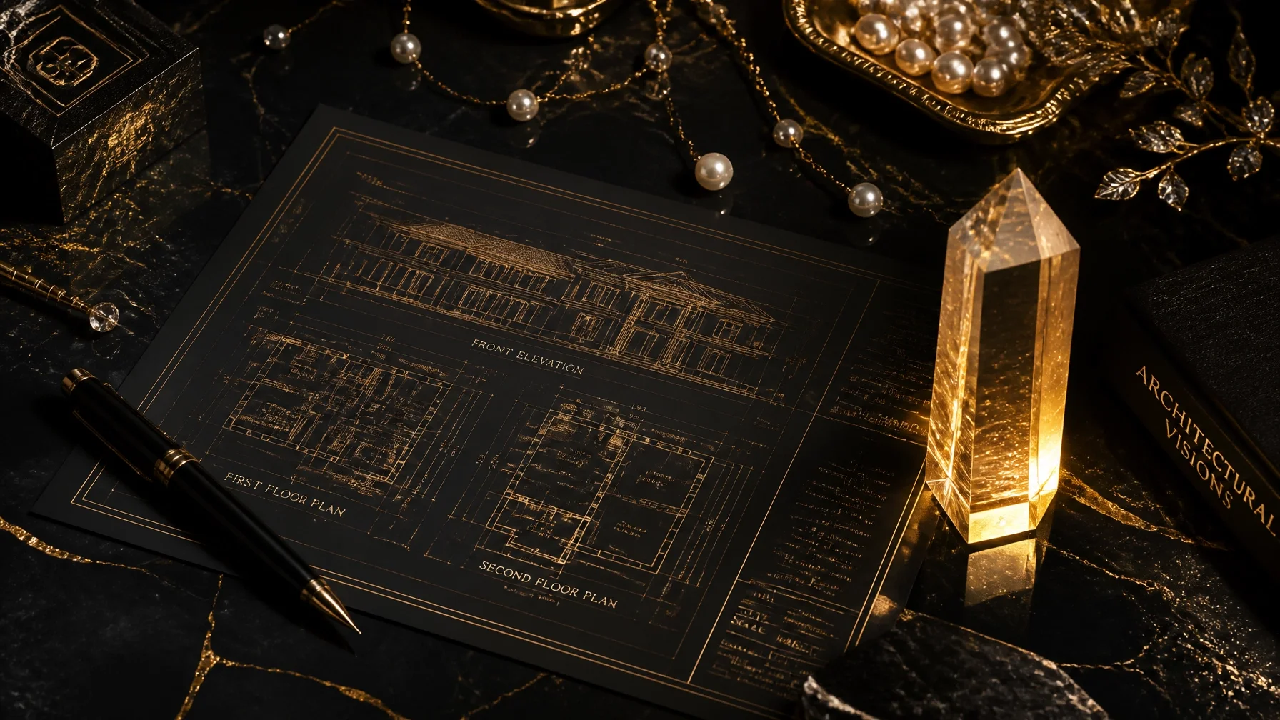 Architectural blueprints on black paper with gold-inked building plans, surrounded by gold jewelry, pearls, a pen, a flashlight, and a book titled 'Architectural Visions' on a black marble surface with gold veins.