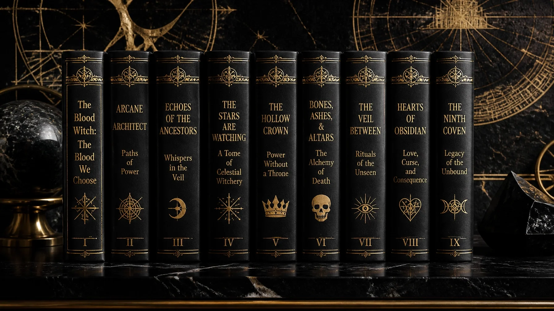 A row of ten black books with gold titles and symbols on a dark desk, with celestial and arcane backgrounds.
