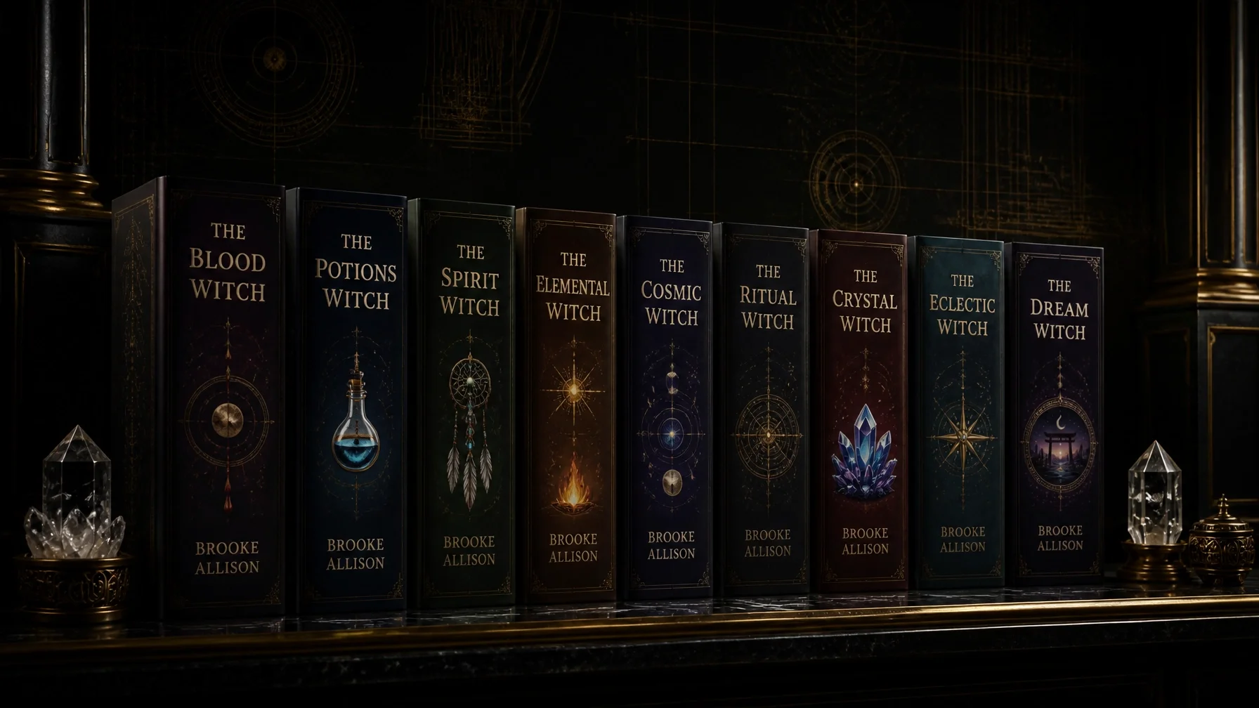 A shelf of nine books titled 'The Witch' along with specific types like Blood, Potions, Spirit, Elemental, Cosmic, Ritual, Crystal, Eclectic, and Dream Witch, with mystical symbols on the covers. Decorative crystals are on either side of the shelf.