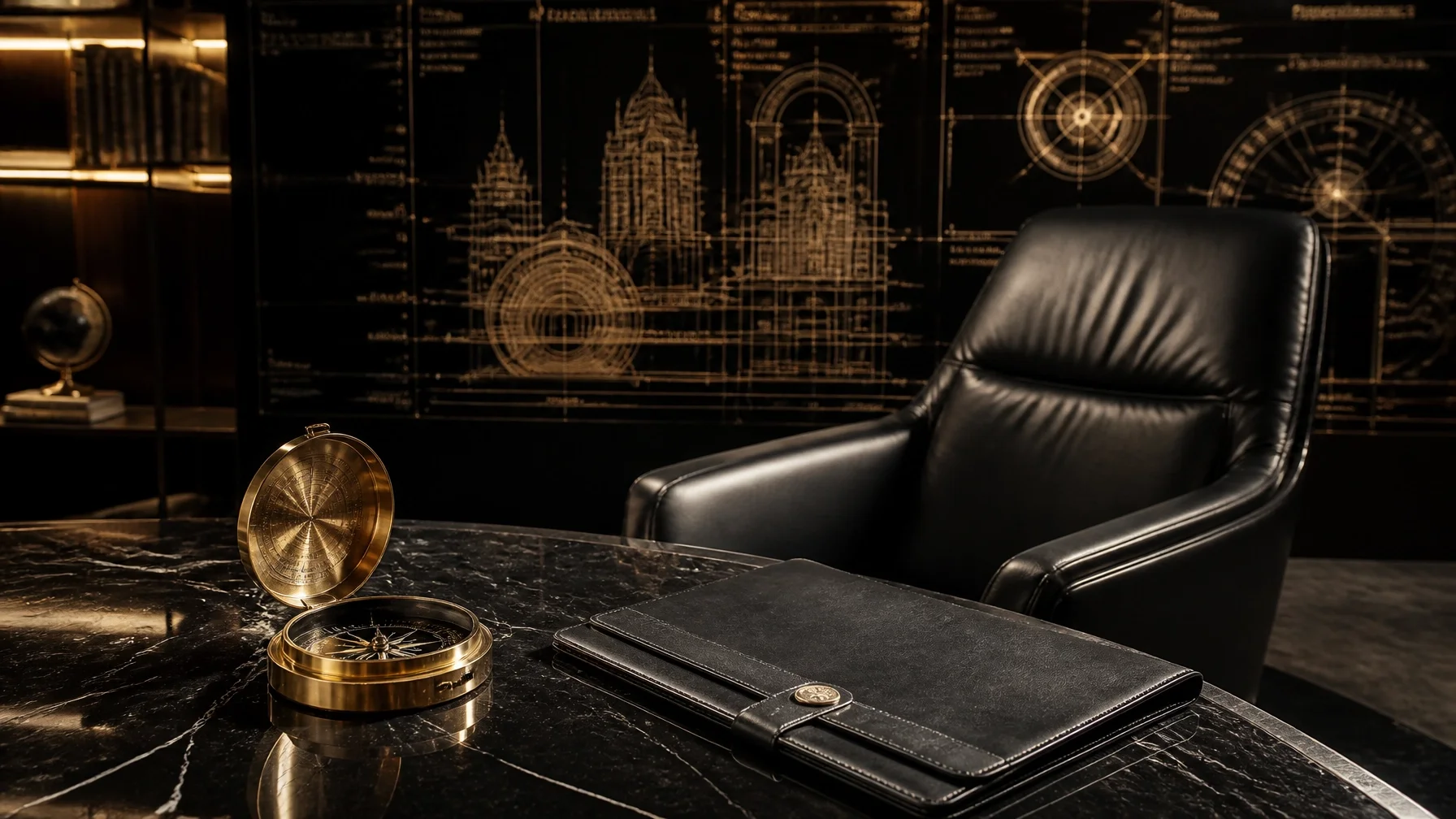 An elegant office desk with a black leather chair, a closed black leather planner, and a gold compass on a black marble surface. In the background, there is a black wall with gold architectural blueprints and a small globe on a stand.